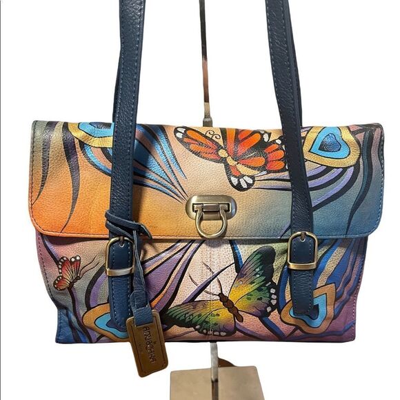 Anuschka Hand Painted Butterfly-Peacock Shoulder Bag - Picture 3 of 17